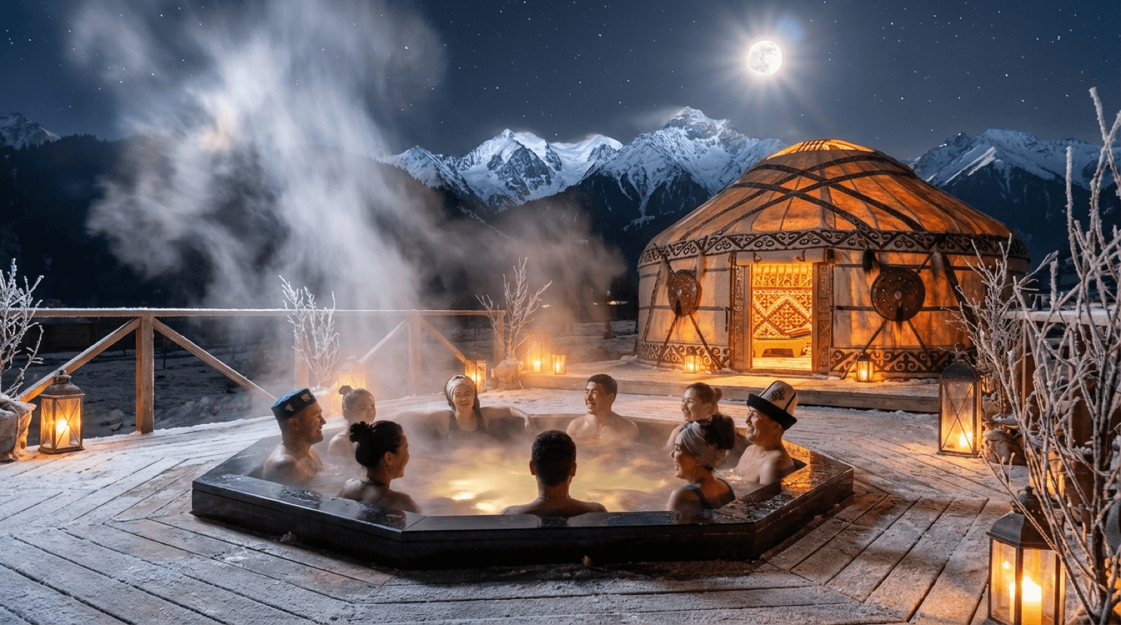 Yurt Hammam in the mountains at night